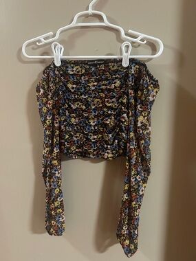 Almost Famous Black Floral Mesh Crop Top with Blue, Yellow & Pink Accents